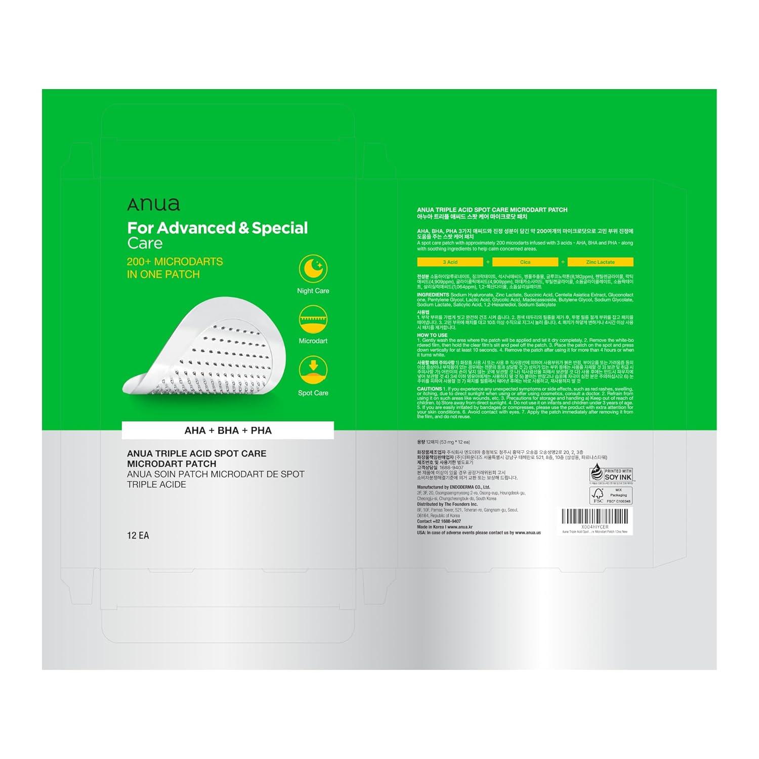 image:imageAnua Triple Acid Spot Care Microdart Patch Early Stage Spot 200 Microdarts with AHA BHA PHA Centella Hydrocolloid Patch for Overnight NonComedogenic Korean Skincare 12 ea